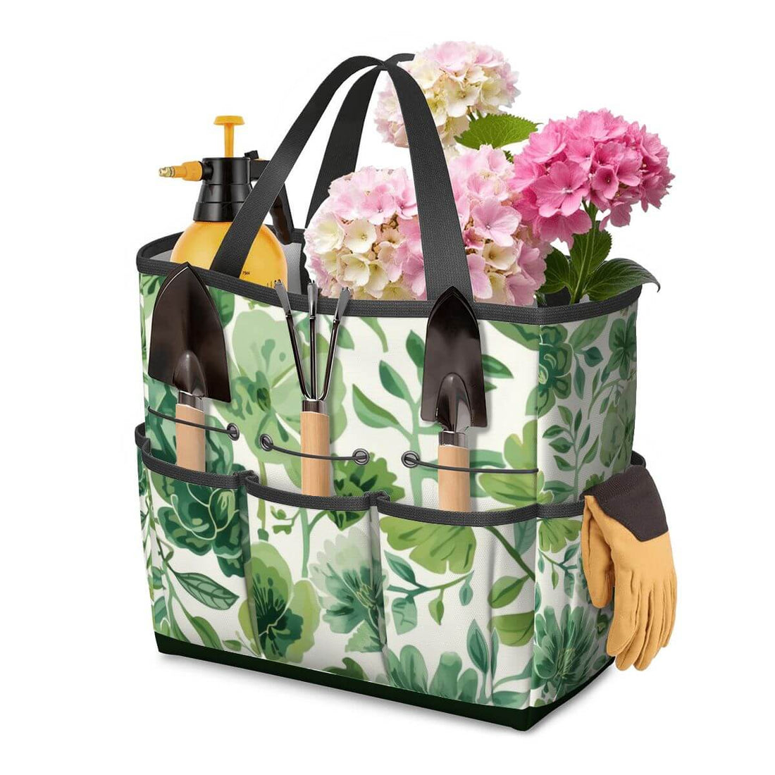 Gartengerätetasche (Werkzeuge nicht enthalten) in floralem Design, Oxford-Stoff, mit Pflanzen und Gartenwerkzeugen, große Kapazität.
