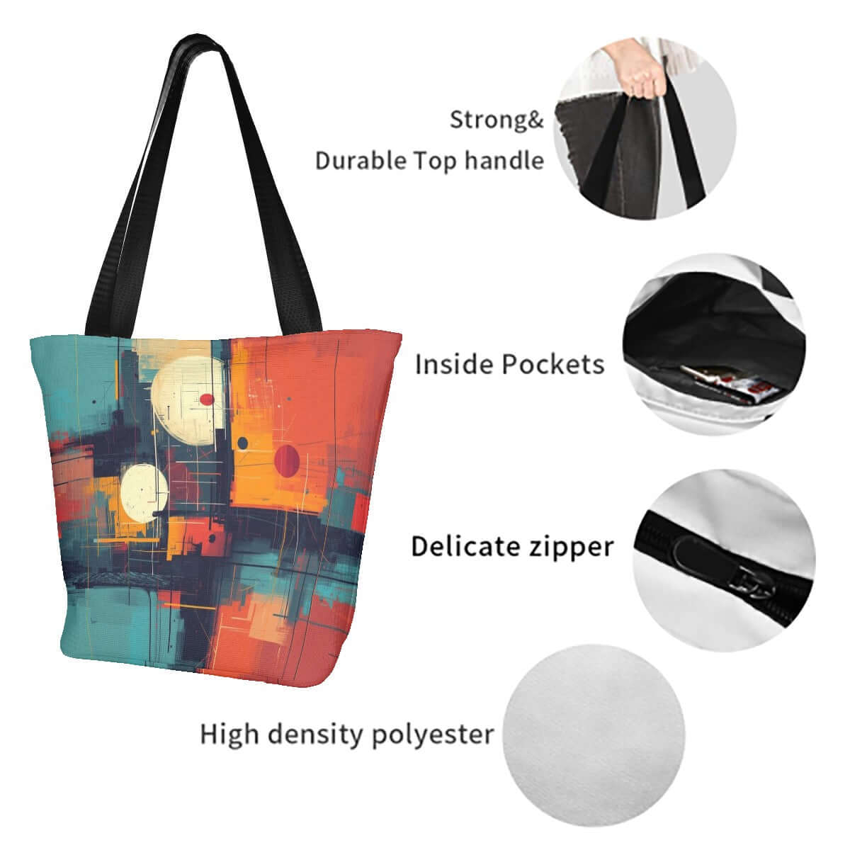 Bunte Schultertasche zum Einkaufen aus Polyester mit robustem Griff, Innentaschen und Reißverschluss, Größe 11"x7"x13" für Damen.