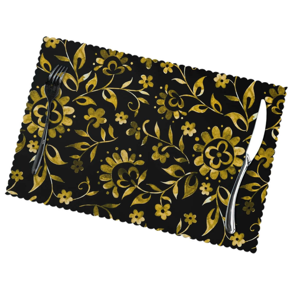 Hitzebeständige Tischsets, 6 Stück in Schwarz-Gold-Design, hitzebeständiges und faltbares Polyester, 18x12 Zoll Größe, Set von 6