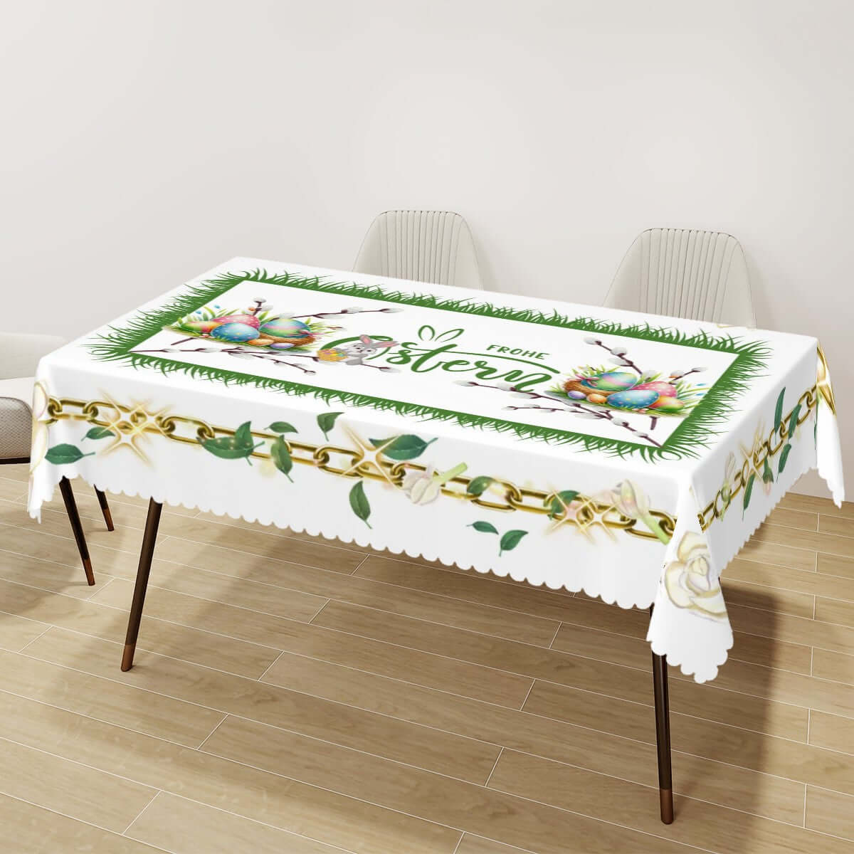 Rechteckige Tischdecke mit Wellenrand Ostermotiv aus 100% Polyester, 72"x54", wasserdicht, dekorativ mit Osterdesign und Sublimationsdruck.