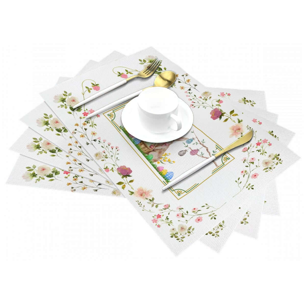 Tischset aus gewebtem PVC mit floralem Design, ideal zum Schutz des Tisches, inkl. Besteck und Tasse. Details für Tischset aus gewebtem PVC ansehen