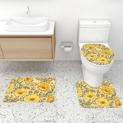Badezimmerteppich-Set mit Duschvorhang, 4-teilig in Gelb, Polyester, mit floralem Design, rutschfest, wasserfest, strapazierfähig, langlebig