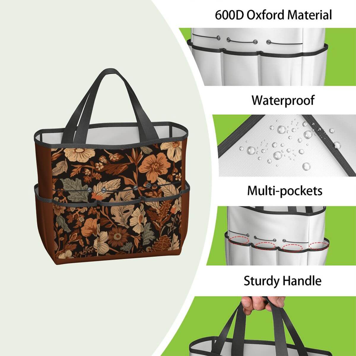 Gartengerätetasche aus Oxford-Stoff, wasserdicht, mit mehreren Taschen und stabilem Griff, ideal für Gartenwerkzeug-Aufbewahrung.