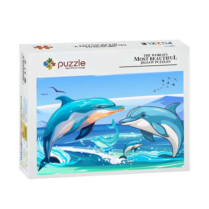 500-teiliges Holzpuzzle (horizontal) mit Delfinen, schönem Design auf der Vorderseite.
