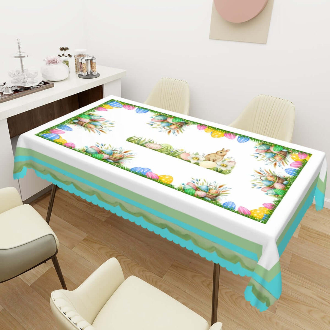 Rechteckige Tischdecke mit Wellenrand Ostermotiv, 72"x54", 100% Polyester, wasserdicht mit Osterdesign in heller, gemütlicher Esszimmerumgebung.