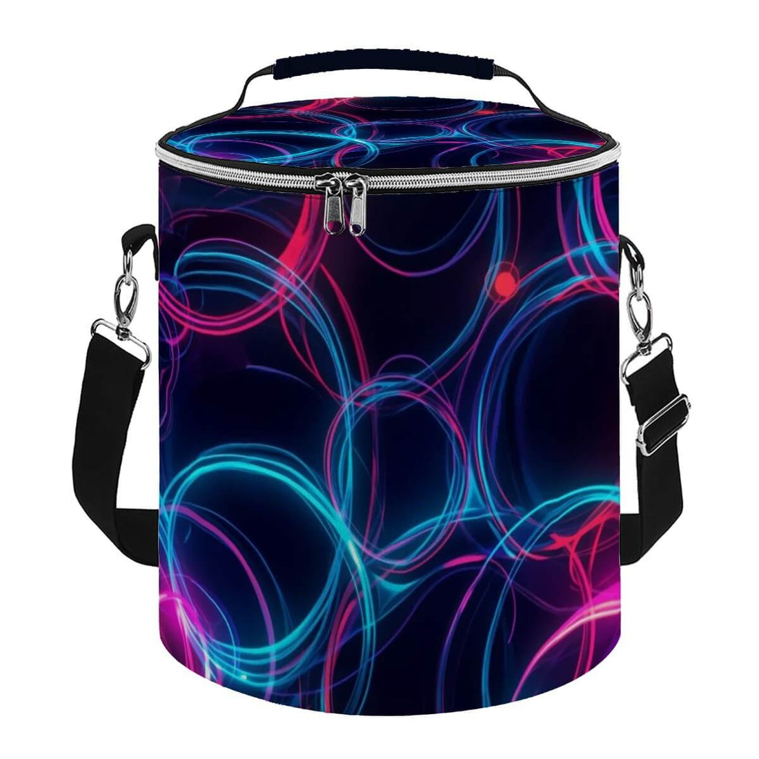 Camping-Kühltasche tragbar isoliert wasserdicht mit buntem Design aus Polyester, ideal für outdoor Camping-Ausflüge, Reißverschluss geöffnet