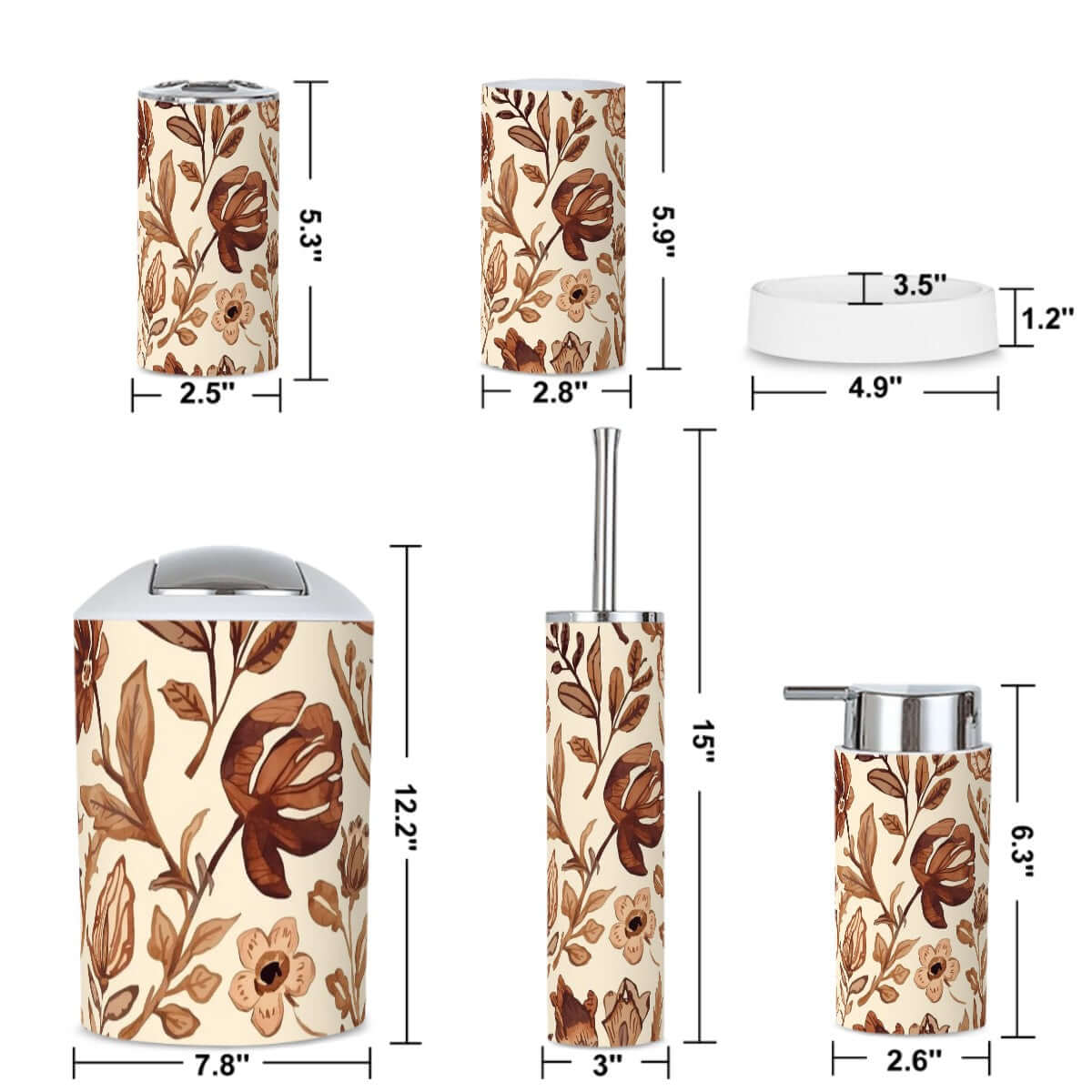 Badezimmer-Accessoires-Set, 5-teilig, aus Kunststoff mit floralem Design, bestehend aus Zahnbürstenbecher, Zahnbürstenhalter usw. in Beige-Braun.