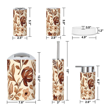 Badezimmer-Accessoires-Set, 5-teilig, aus Kunststoff mit floralem Design, bestehend aus Zahnbürstenbecher, Zahnbürstenhalter usw. in Beige-Braun.