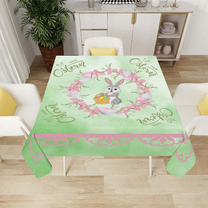 Quadratische Tischdecke Ostermotiv in Pastellfarben mit Hasen-Design, Größe 54"x54". Details für Quadratische Tischdecke Ostermotiv ansehen.