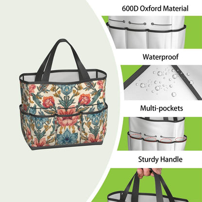 Gartengerätetasche aus 600D Oxford-Stoff, wasserdicht mit mehreren Taschen und robustem Griff, geblümt.