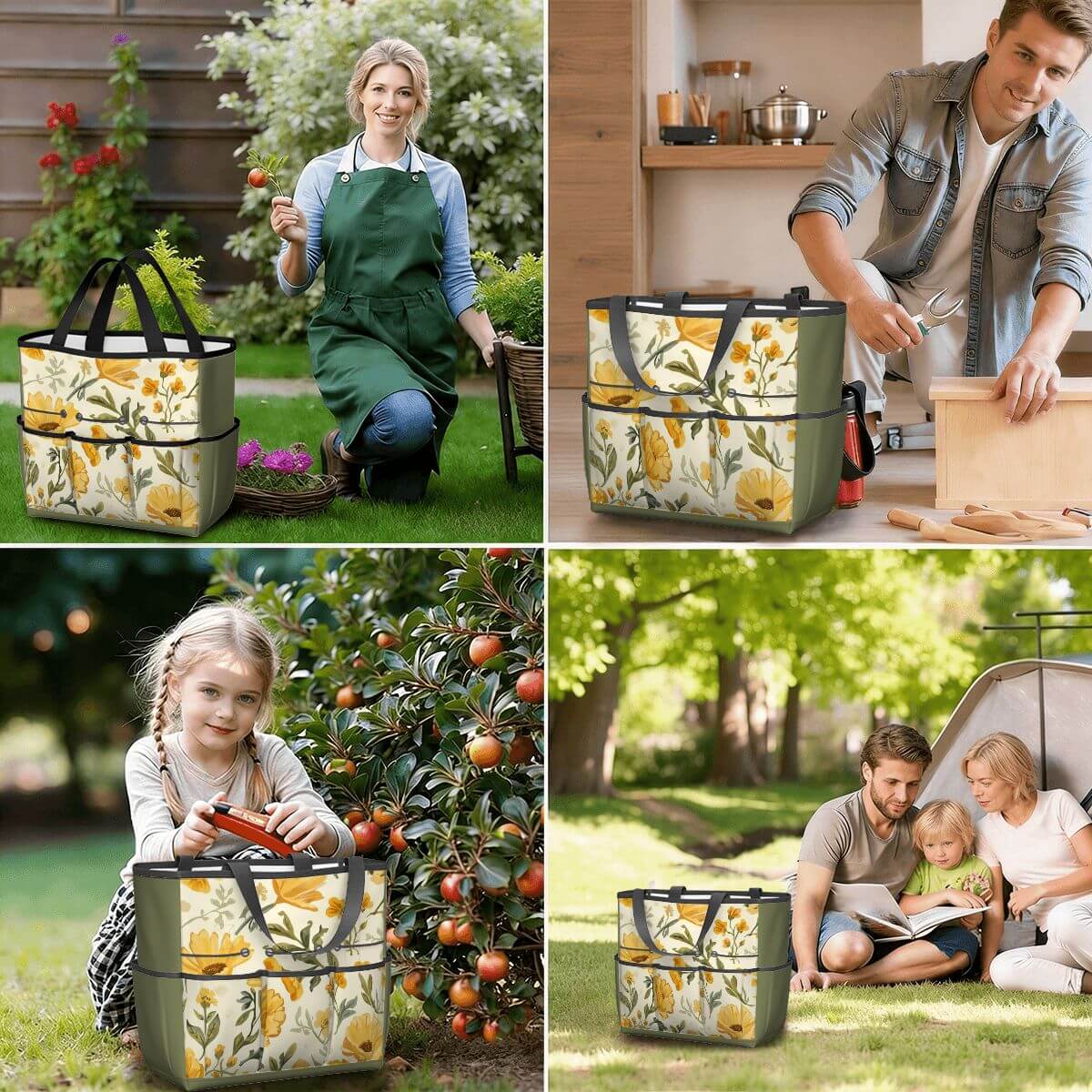 Gartengerätetasche aus wasserdichtem Oxford-Stoff mit Blumendesign, ideal für Gartenarbeit, klassifizierte Aufbewahrung und vielseitigen Einsatz.