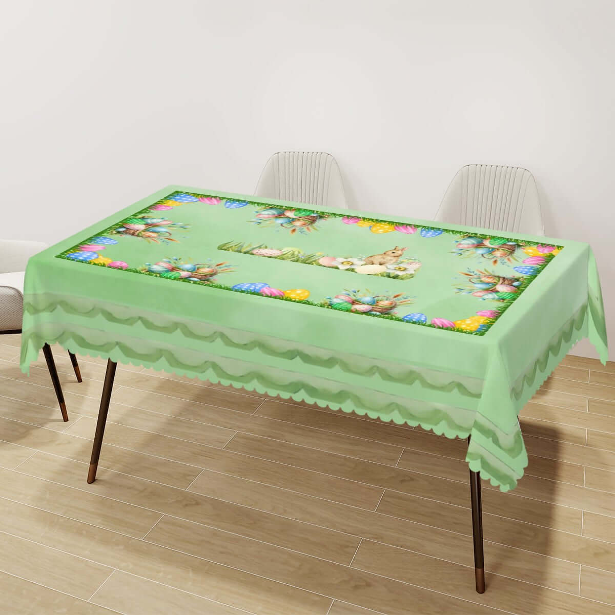 Rechteckige Tischdecke mit Wellenrand Ostermotiv auf Esstisch, 100% Polyester, 72x54 Zoll, wasserdicht, sublimationsgedruckt.