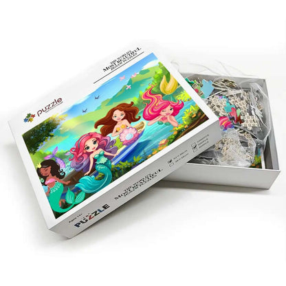 Holzpuzzle, 500 Teile (horizontal) mit buntem Meerjungfrauen-Design, zeigt Puzzle-Box und Teile im Inneren.