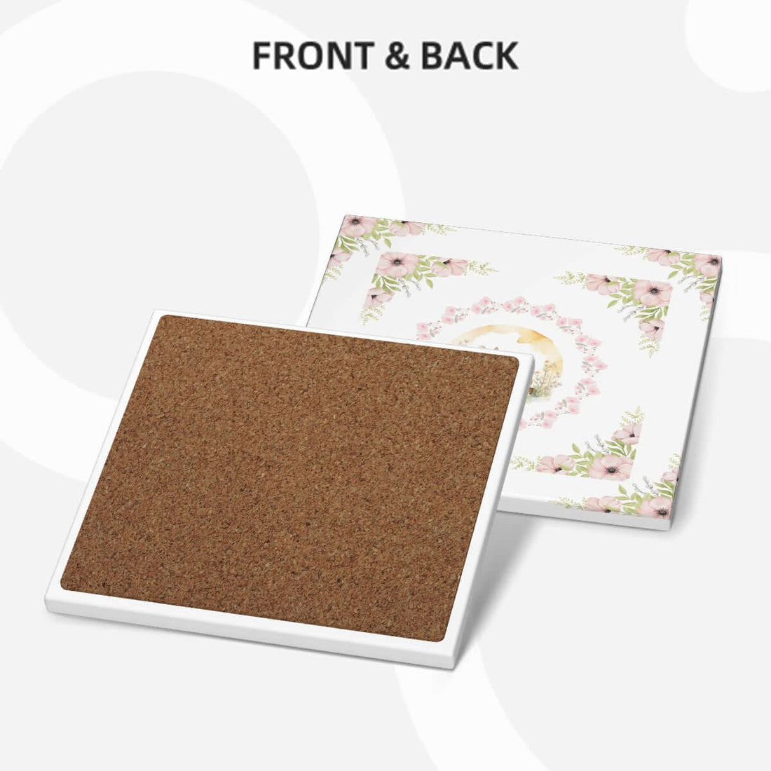 Quadratische Keramikuntersetzer, 6 Stück mit floralem Design, Vorder- und Rückansicht. UV-Druck, umweltfreundliches Material.