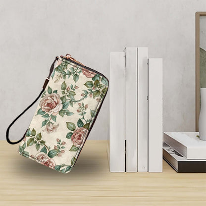 Clutch-Geldbörse für Damen - Stilvoll &amp; Praktisch mit floralem Design, PU-Material, vor weißen Büchern auf einem Tisch platziert.