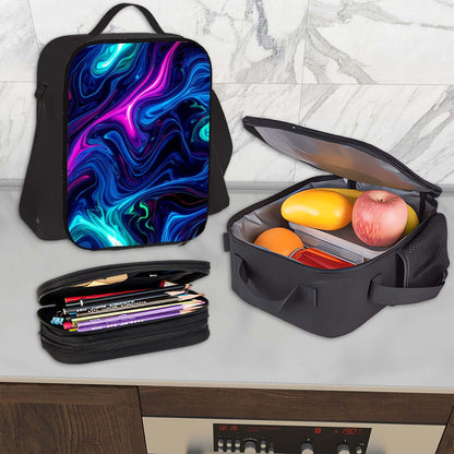 3er-Set Taschen (Oxford-Rucksack, Lunchtasche &amp; Federmäppchen) aus robustem Oxford-Stoff auf einer Küchenarbeitsplatte