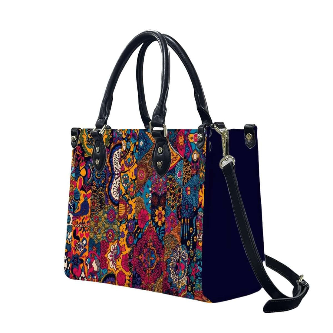PU Tote Bag for Women with colorful patterned design, black handles and strap. Sizes available: S, M, L. Details für PU-Tragetasche für Damen ansehen.