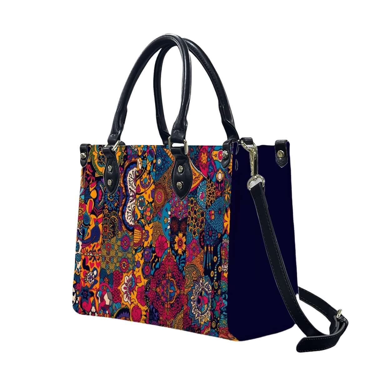 PU Tote Bag for Women with colorful patterned design, black handles and strap. Sizes available: S, M, L. Details für PU-Tragetasche für Damen ansehen.