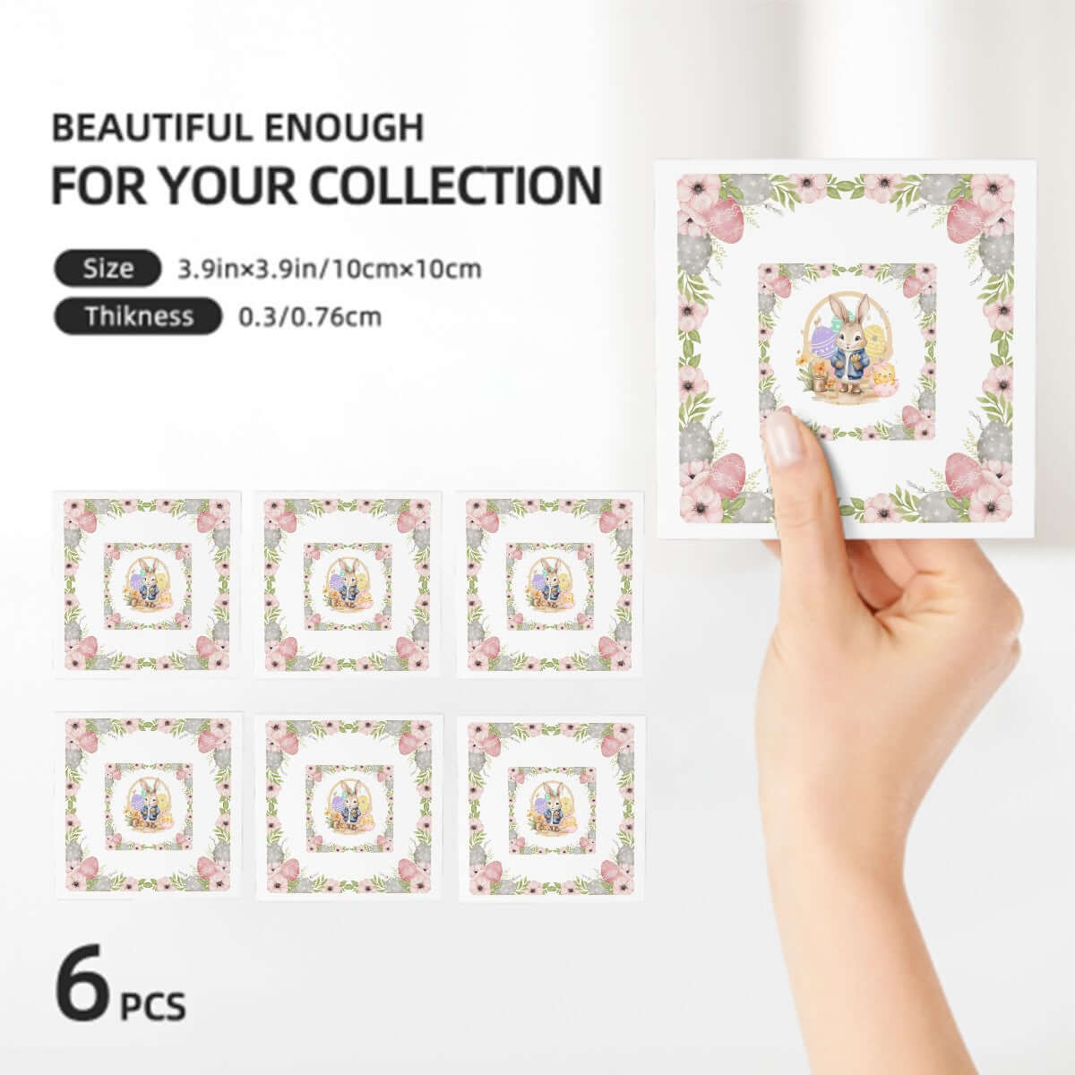 Quadratische Keramikuntersetzer, 6 Stück, mit Blütenmotiv, 4x4 Zoll, umweltfreundlich, handgehaltene Ansicht, ideal für Ihr Zuhause.