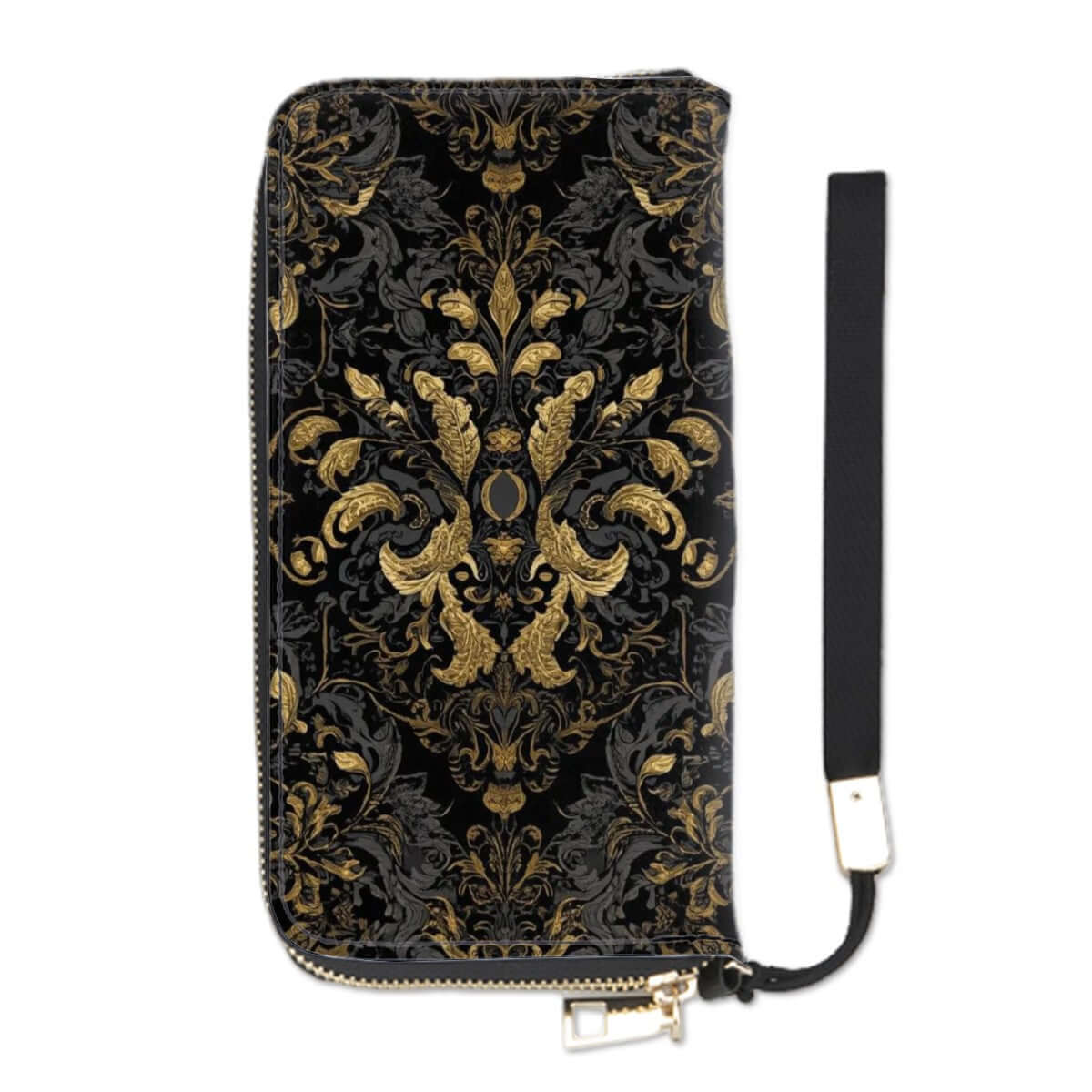 Elegant black and gold patterned clutch wallet for women made of PU with double-sided UV printing and multiple card slots.