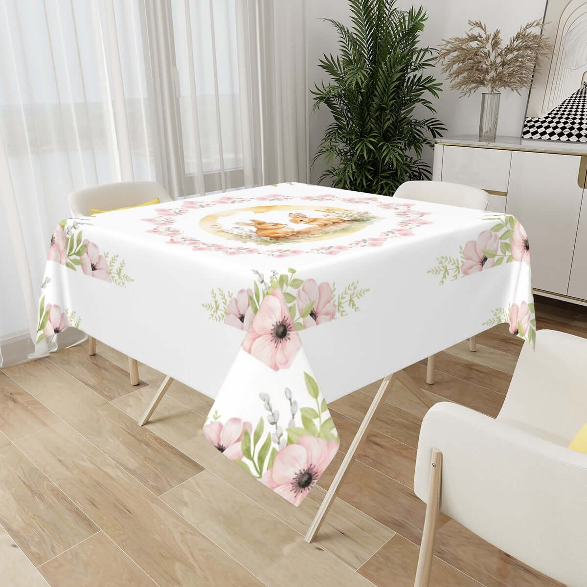 Quadratische Tischdecke Ostermotiv aus Polyester, 54x54 Zoll, mit einseitigem Druck und Sublimationstechnik, wasserabweisend.