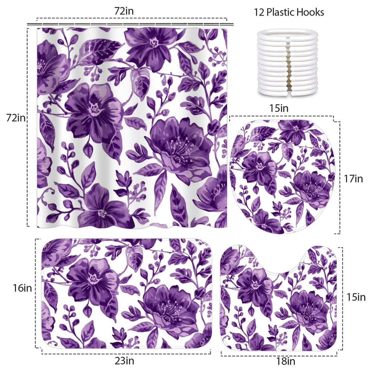 Badezimmerteppich-Set mit Duschvorhang, 4-teilig, aus Polyester mit floralem Design, inkl. Haken, langlebig, wasserfest und weich.