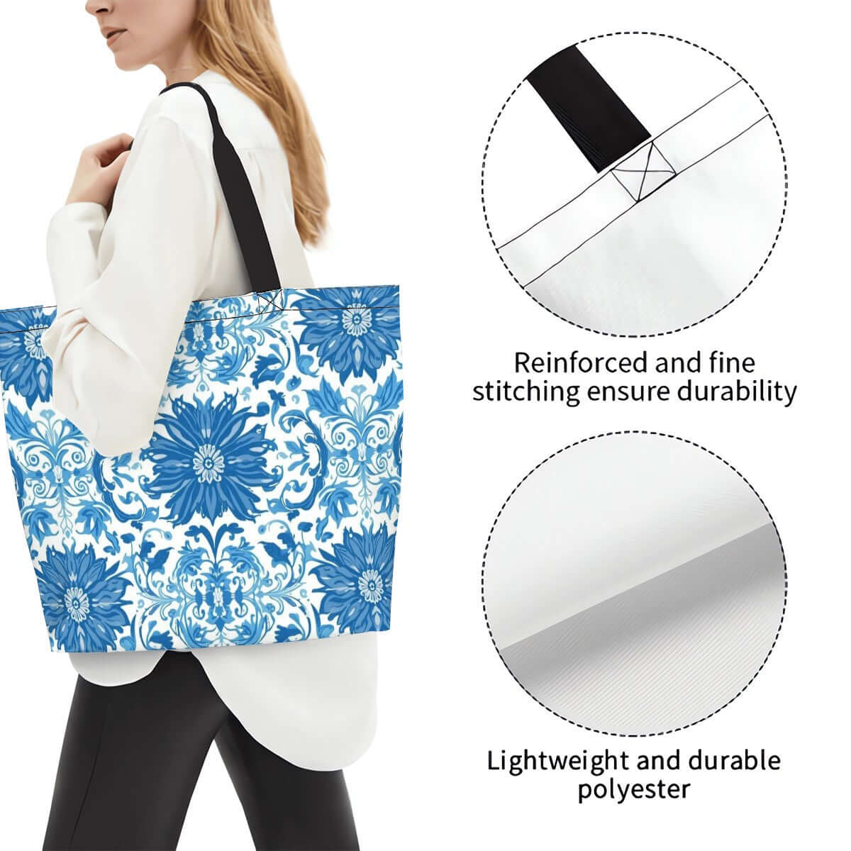 Große Schultertasche für Damen aus Polyester mit floralem Design, eine Frau hält die Tasche, Nahaufnahmen der Nähte und des Materials.