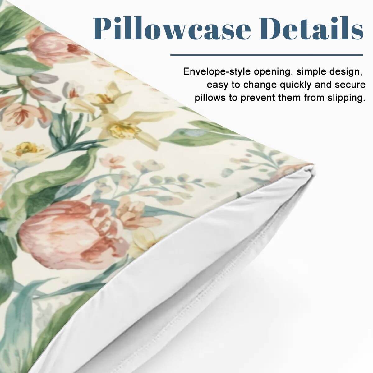 Queen-Bettwäsche-Set mit Blumenmuster, Kissenbezug mit Umschlagöffnung für einfaches Wechseln und sicheres Kissenhalten.