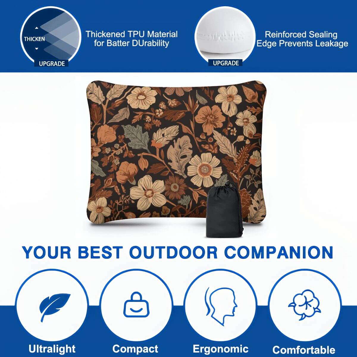 Aufblasbares Campingkissen mit Blumendesign, hautfreundlich und atmungsaktiv, ideal für Outdoor-Abenteuer.