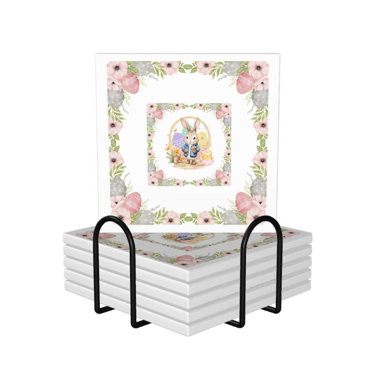 Quadratische Keramikuntersetzer, 6 Stück mit floralen Motiven und UV-Druck, umweltfreundlich und wasserabsorbierend.