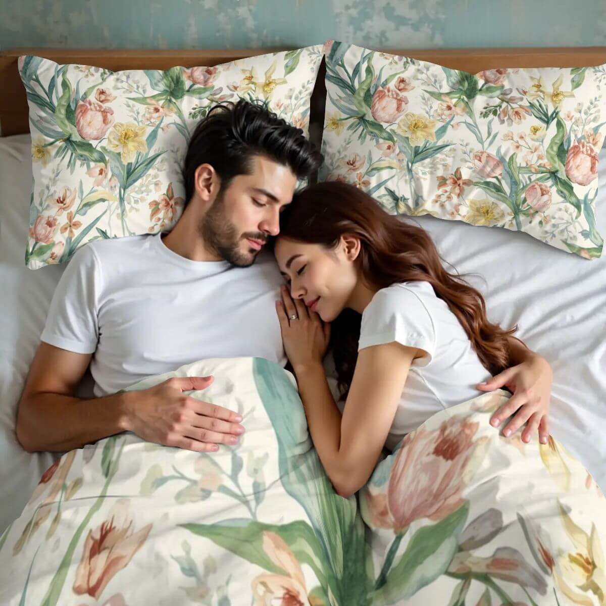 Paar schläft gemütlich mit floralem Queen-Bettwäsche-Set aus hochwertigem 90GSM Polyester für ultimativen Komfort und Wärme.