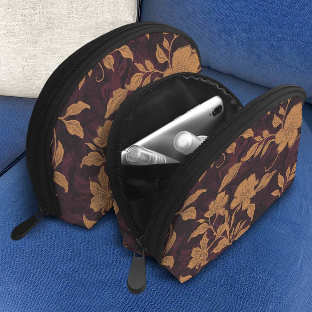 Storage Bags Set of 2 with floral pattern, large and small sizes, polyester material, zipper closure, detailed view, ideal for organizing.