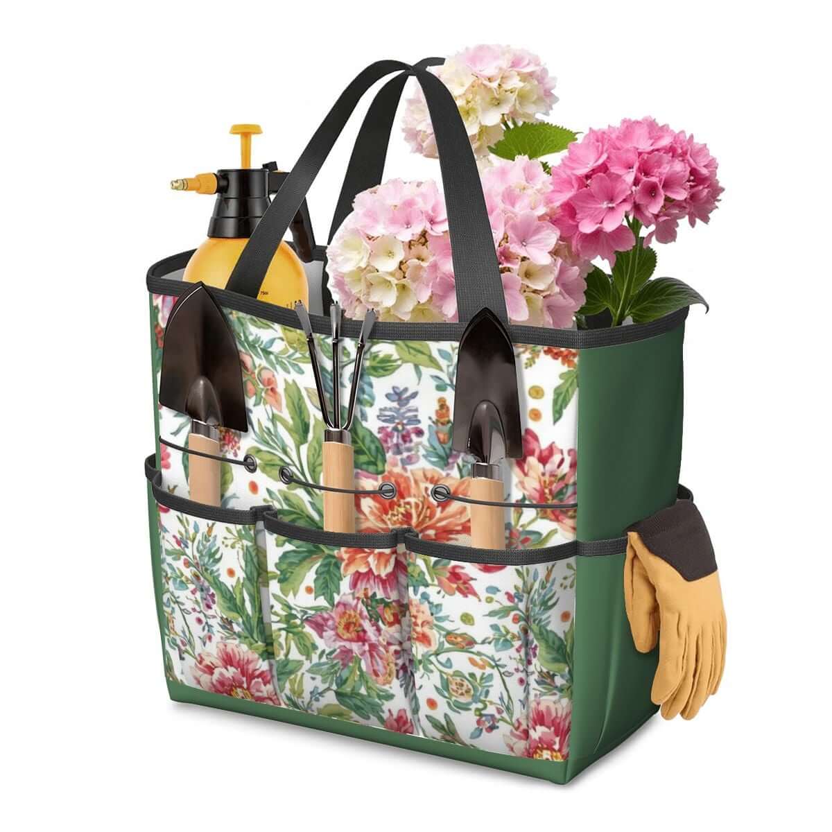 Gartengerätetasche aus Oxford-Stoff mit Blumenmuster, ausgestattet mit Gartengeräten und Blumen, ideal für wasserdichte Aufbewahrung.