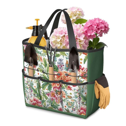 Gartengerätetasche aus Oxford-Stoff mit Blumenmuster, ausgestattet mit Gartengeräten und Blumen, ideal für wasserdichte Aufbewahrung.