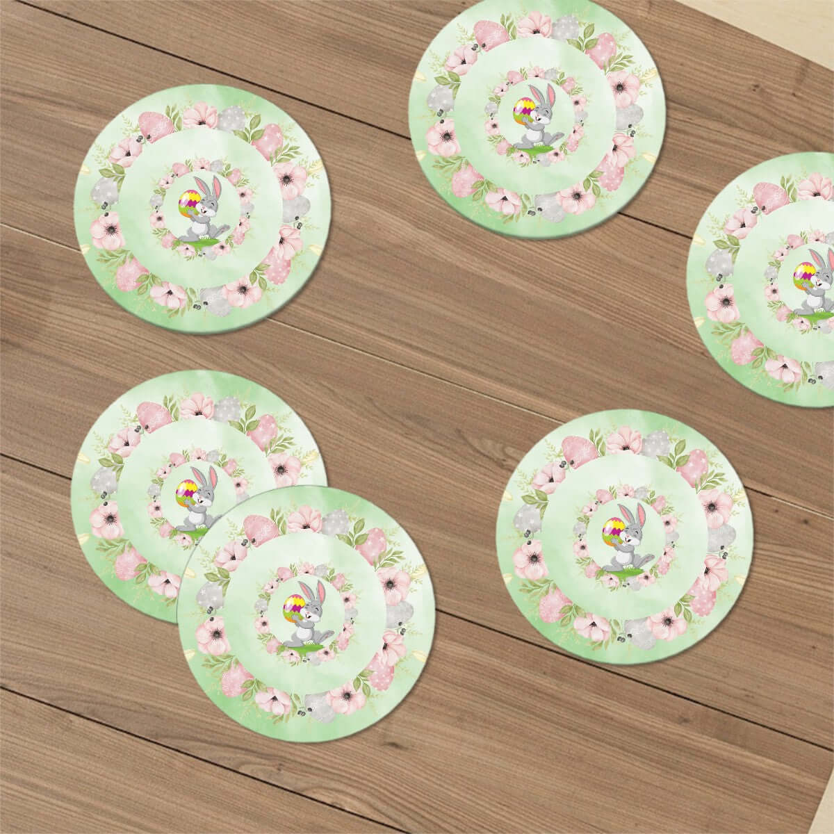 Runde Keramikuntersetzer, 6er-Set mit floralem Design auf Holzuntergrund