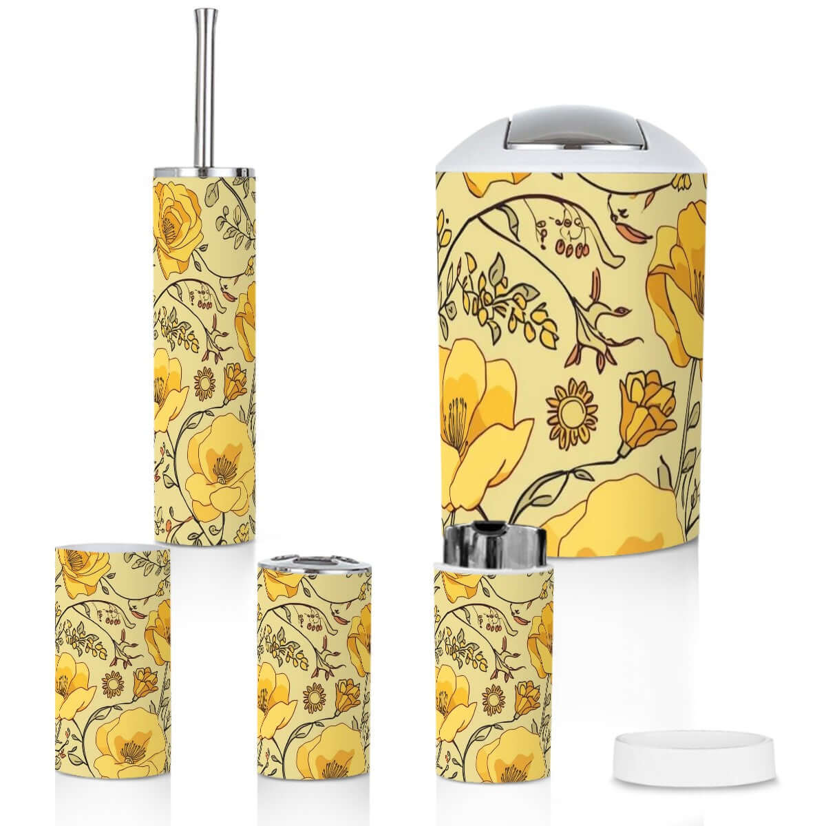 Badezimmer-Accessoires-Set, 5-teilig aus Kunststoff, mit floralem Design, inklusive Zahnbürstenbecher, Zahnbürstenhalter und mehr.