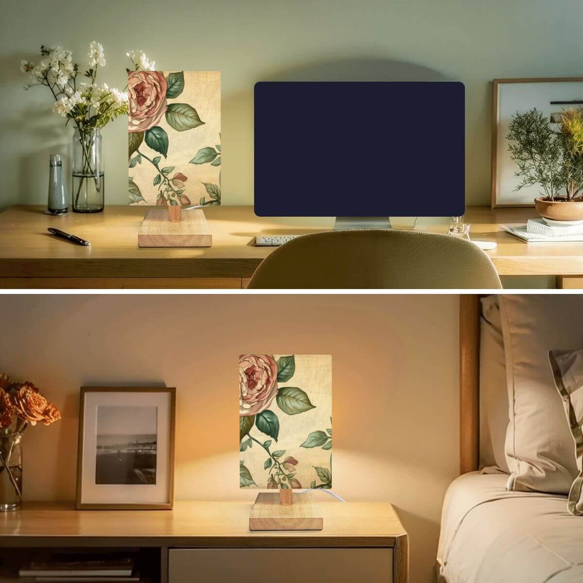 Quadratische Tischlampe aus Leinen und Gummiholz mit UV-Druck und floralem Design, ideal für gemütliche und warme Atmosphäre.