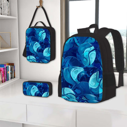 3er-Set Taschen (Oxford-Rucksack, Lunchtasche &amp; Federmäppchen) aus robustem Oxford-Stoff in Blau, stilvolles Design mit Sublimationsdruck.