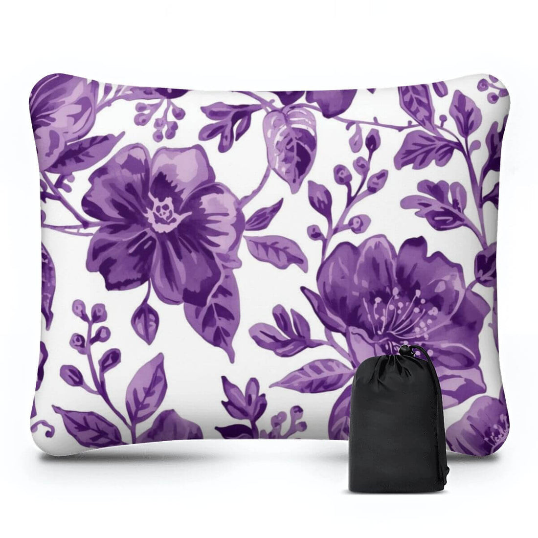 Video Aufblasbares Campingkissen mit violettem Blumenmuster, Polyester, hautfreundlich, Größe 15,8x12,6x4,3 Zoll, Design auf einer Seite