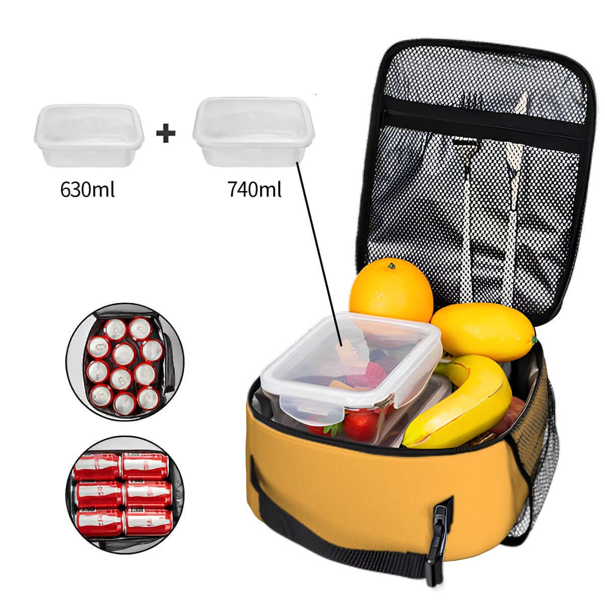 Lunchtasche mit schönem Design, gefüllt mit Obst und Behältern, aus Oxford-Stoff mit PEVA-Beschichtung, ideal für frische Lebensmittel.