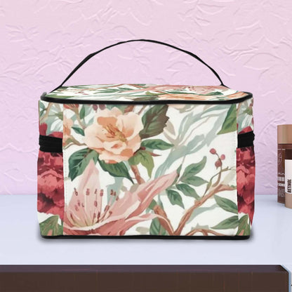 Tragbare Reise-Kosmetiktasche aus Polyester mit Blumendesign, sublimationsbedruckt, große Kapazität, eleganter Reißverschluss, Taschenansicht