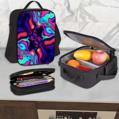 3er-Set Taschen (Oxford-Rucksack, Lunchtasche &amp; Federmäppchen) auf Küchenarbeitsfläche. Oxford-Stoff mit stilvollem Design.