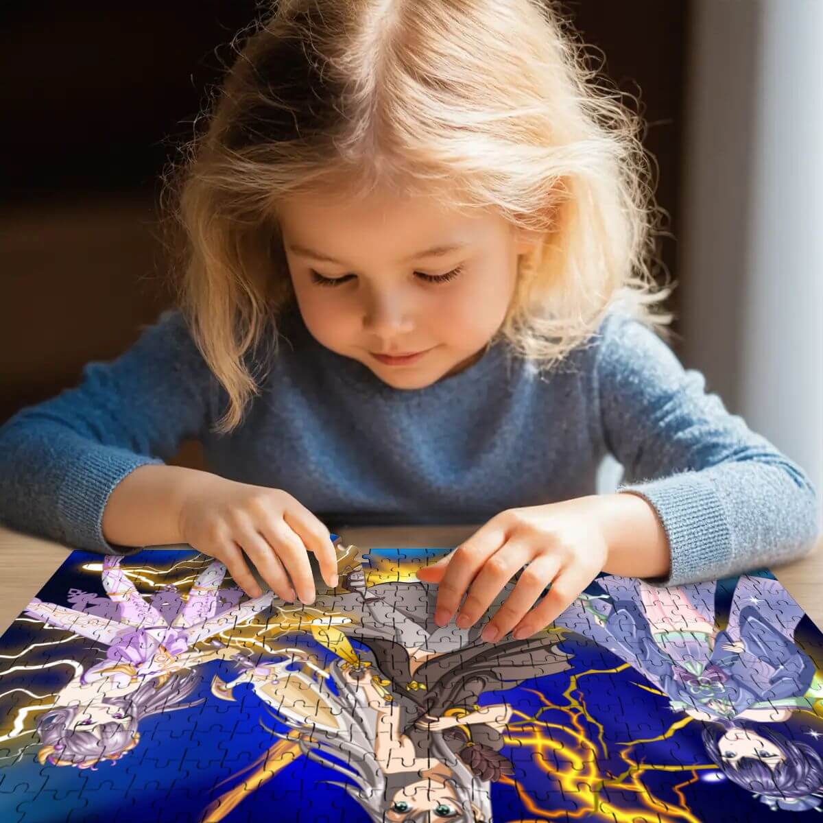 Ein Kind, das an einem 500-teiliges Holzpuzzle (horizontal) arbeitet, Freude am Puzzeln mit buntem Design.