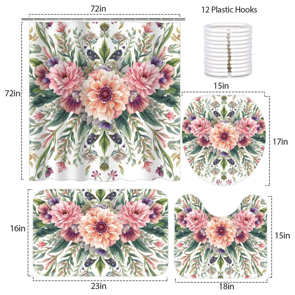 Badezimmerteppich-Set mit Duschvorhang, 4-teilig, floral bedrucktes Polyester mit wasserfestem Effekt und weicher Textur, Größe angegeben