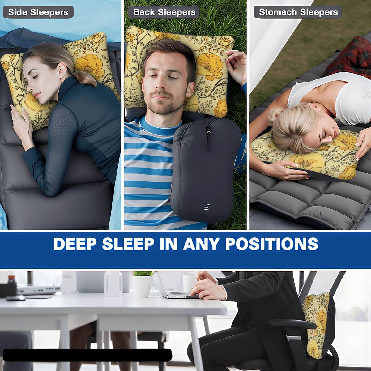 Aufblasbares Campingkissen für alle Schlafpositionen, ideal für Rücken-, Seiten- und Bauchschläfer - bequem und tragbar.