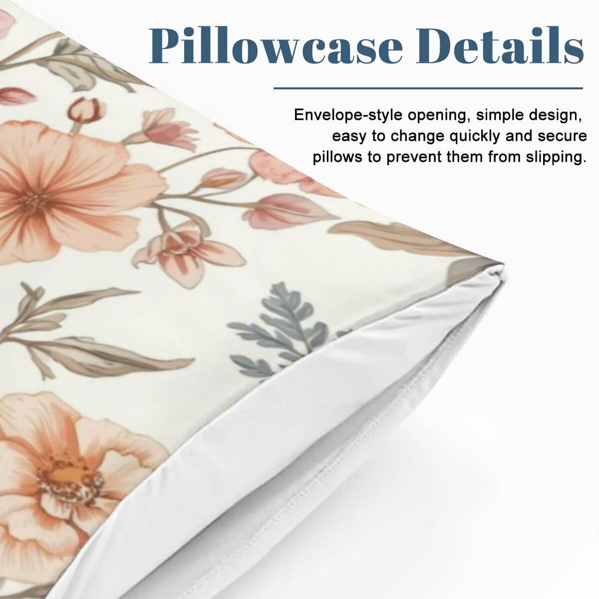 Komplettes Bettwäscheset Blumen-Kissenbezug mit Umschlagöffnung, einfach zu wechseln, sicherer Sitz, Detailsansicht.