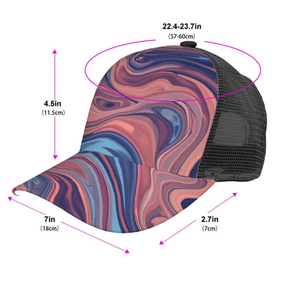 Baseballkappe aus Mesh mit buntem geometrischem Design und atmungsaktivem Netzmaterial, Maßangaben in Zoll.