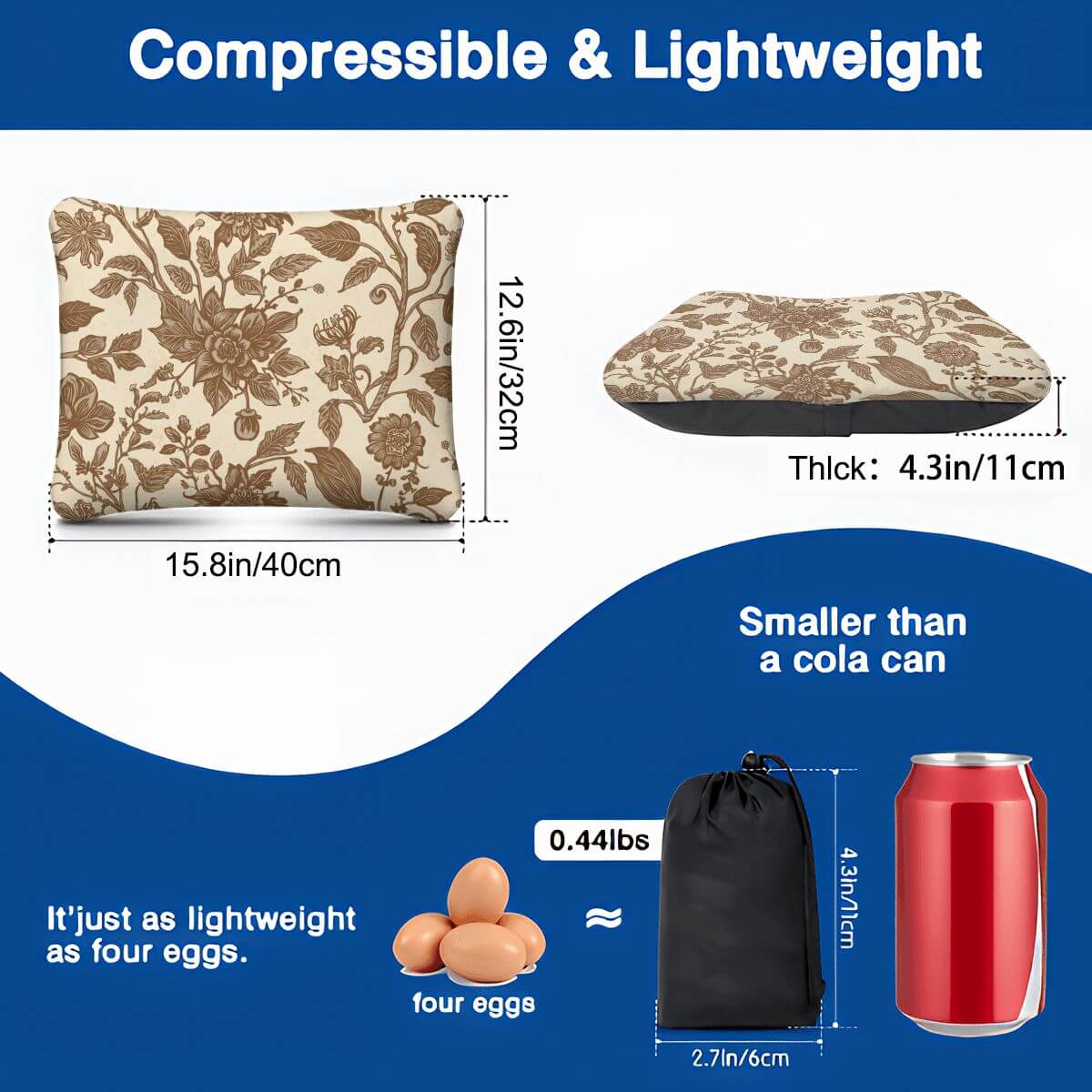 Video Aufblasbares Campingkissen, komprimierbar, leicht, 15,8x12,6x4,3 Zoll, Größe im Vergleich zu vier Eiern und Cola-Dose.