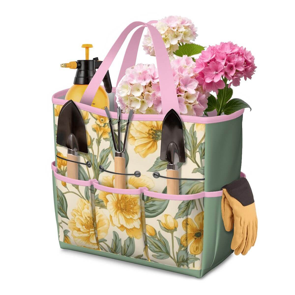 Gartengerätetasche aus wasserdichtem Oxford-Stoff, mit mehreren Taschen für Werkzeuge und Blumen, geeignet für Gartenarbeit.