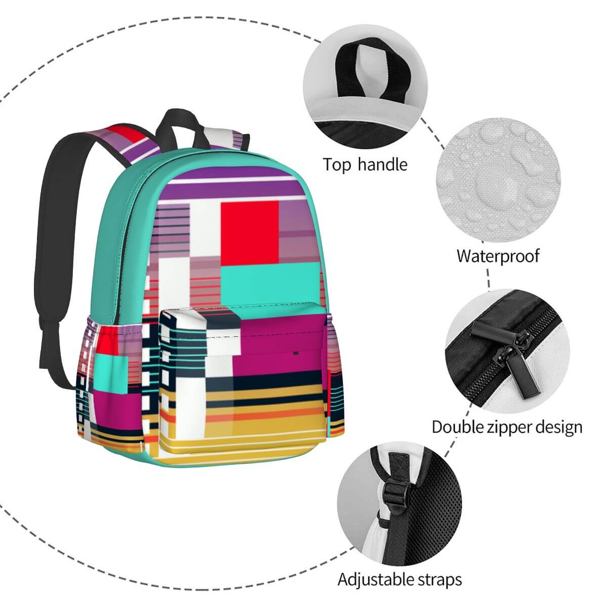 Geräumiger Oxford-Rucksack mit Seitentaschen, bunte Grafiken, verstellbare Gurte, wasserdicht, Doppelreißverschluss, Top-Griff.